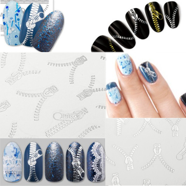 20 Pattern Nail Art Tips Silver Zipper Water Transfer Decals Stickers